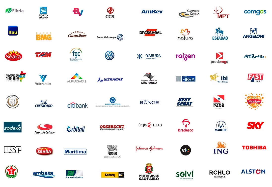 Marcas atendidas pela SQLTECH — entre elas Itaú, Bradesco, Citibank, AmBev, Natura, Volkswagen, Nestlé, Johnson & Johnson, Toshiba, Sodexo, Seara, SKY e Prefeitura de São Paulo.
